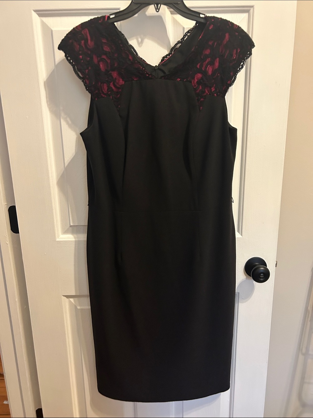 David Meister Black Sheath Dress with Pink Lace Yoke